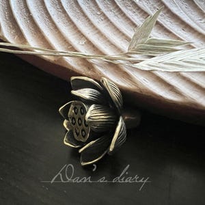 May include: A bronze lotus flower cabinet knob. The knob features detailed petals and a central seed pod. The background includes a wooden tray and dried foliage. The text "Alan's diary" is written in cursive.