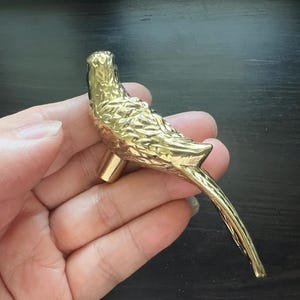 Puede incluir: Un pomo de armario dorado con forma de pájaro. El pomo es de metal y tiene una superficie detallada y texturizada. El pájaro se representa de perfil con una cola larga y una pequeña base cilíndrica para el montaje.