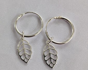 Sterling Silver Leaf Hoops, delicate Sleeper Earrings 12mm or 14mm sterling silver hoops, pretty leaf charm earrings