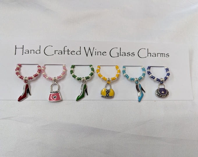 Wine glass charms, shoes and bags, colourful glass markers, wine lover gift, dinner party gift, girls night hen party, favours, set of 6