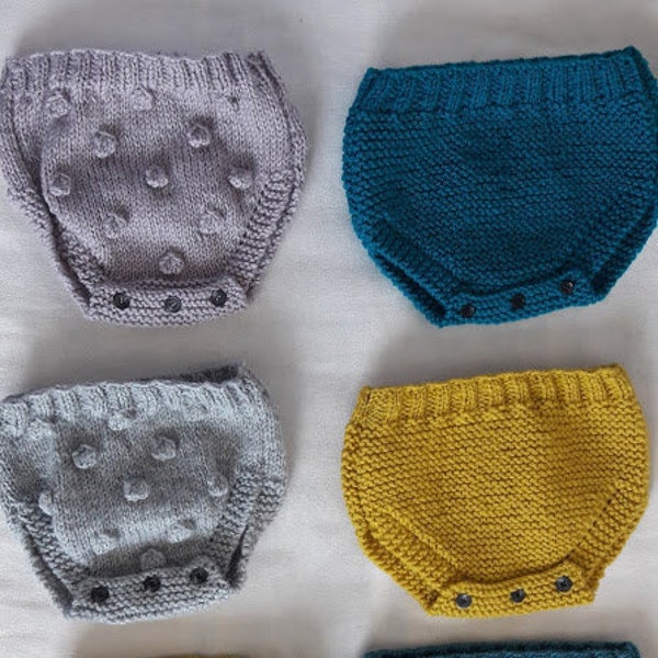 Culotte cache couche, bloomer pour bébé, tricoté main en laine, accessoire mode, avec ou sans nopes, bleu canard, jaune moutarde
