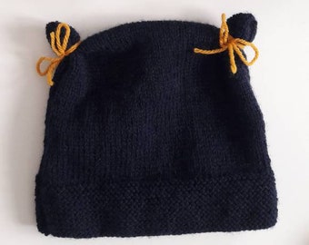 Baby cap, knitted in navy blue wool with mustard knots and small ears, Bear, Tricot, Child, Baby, Girl, Gift, Jersey