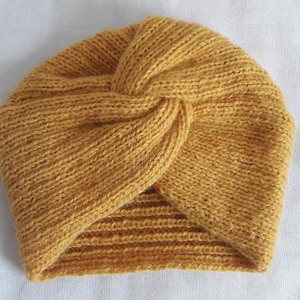 Turban tricoté main en laine pour femme Jaune Moutarde, aspect Mohair, Nouveau Bonnet, accessoire mode, bleu canard, noir image 1