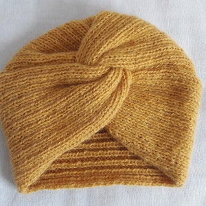 Turbante de lana tejido a mano para mujer en amarillo mostaza, look mohair, gorro nuevo, accesorio de moda, azul pato, negro