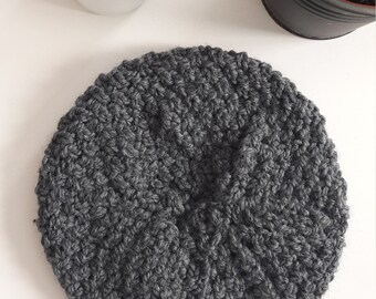 Beret shape cap knitted in large grey wool, Tricot, Child, Baby, Girl, Gift, Vintage