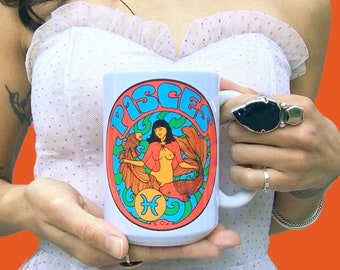 Pisces coffee mug...Zodiac sign mug..Retro Pisces mug..Psychedelic coffee cup..Vintage Pisces mug..Colorful Pisces gift..Bohemian coffee mug