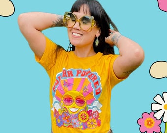 Solar Powered Tshirt... Happy Sunshine.... 60s 70s Psychedelic...Dawn Aquarius for Astral Weekend