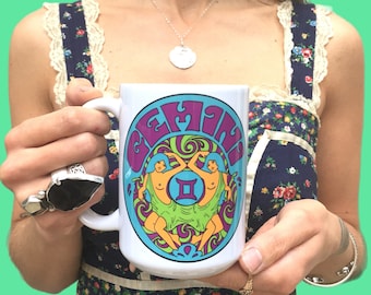 Gemini... Astrology Gift...Eco-Friendly Packaging..Zodiac Sign..Astrology Gifts..Zodiac Gift...Coffee Mug...V60s 70s Peter Max..Birthday Gif