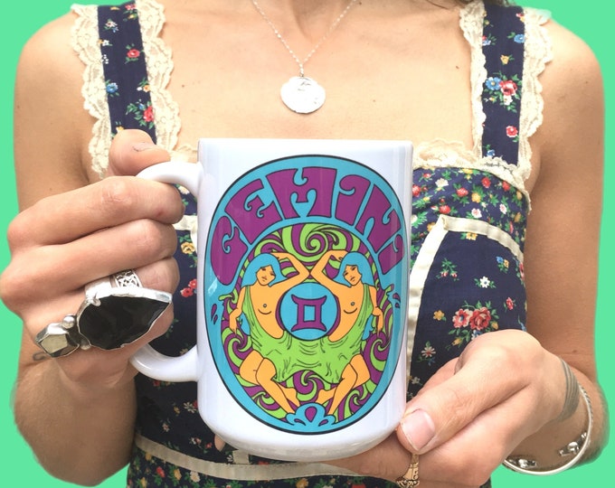 Gemini... Astrology Gift..Zodiac Sign..Astrology Gifts..Zodiac Gift...Coffee Mug...V60s 70s Peter Max..Birthday Gif