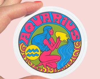 Aquarius Sticker...Zodiac Sign...Vinyl Decal...Hippie...Stickers..Bridesmaid Gift..Zodiac Gift..60s 70s...Peter Max...Grateful Dead