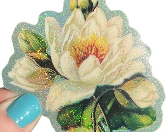 White Lotus Flower Sticker..Victorian Botanical Lily Pond