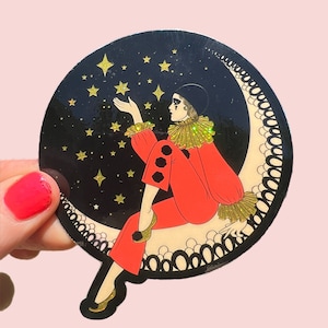 Pierrot on the Moon...Glitter Sticker... Vintage Clown... Circus...Vinyl... Laptop... Stickers...Decal...Water Bottle..Water Resistant