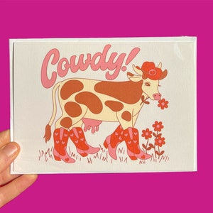 CARTE cowdy... carte de voeux... western... cow-girl... vache... bottes... week-end astral Audrey Herbertson... carte d'anniversaire