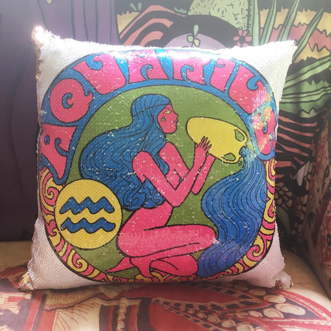 Reversible magic sequin pillow Aquarius Zodiac...Astrology Etsy