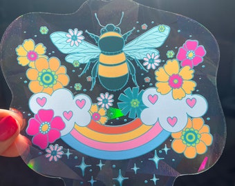 Bee Suncatcher..Rainbow Maker..Rainbow Window Cling...Sun Catcher..Unique Boho Gift...Hippie Groovy 60s 70s Aesthetic...Colorful Bee Sticker