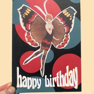 Cartão de feliz aniversário de fada... Art Nouveau... Cartão de felicitações... Fada Flapper dos anos 20... Cartão de aniversário dos anos 1920