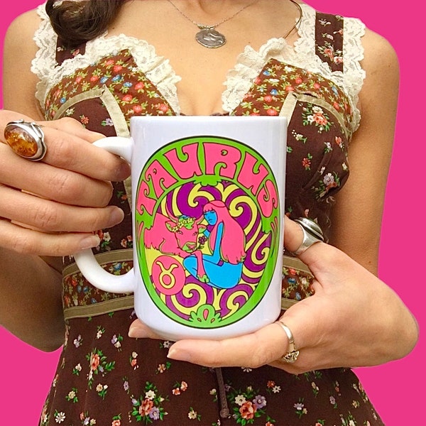 Taurus Coffee Mug...Eco-Friendly Packaging...Zodiac Gift... Zodiac Sign...Taurus Gift.... Astrology Gift..60s 70s Peter Max