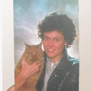 Könnte beinhalten: Gedrucktes Bild einer lächelnden Frau mit lockigem Haar, die eine rot getigerte Katze hält. Die Frau trägt eine dunkle Jacke über einem hellen Hemd. Der Hintergrund hat einen blau-weißen Farbverlauf.