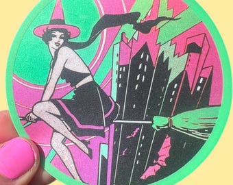 City Witch STICKER Halloween Art Deco