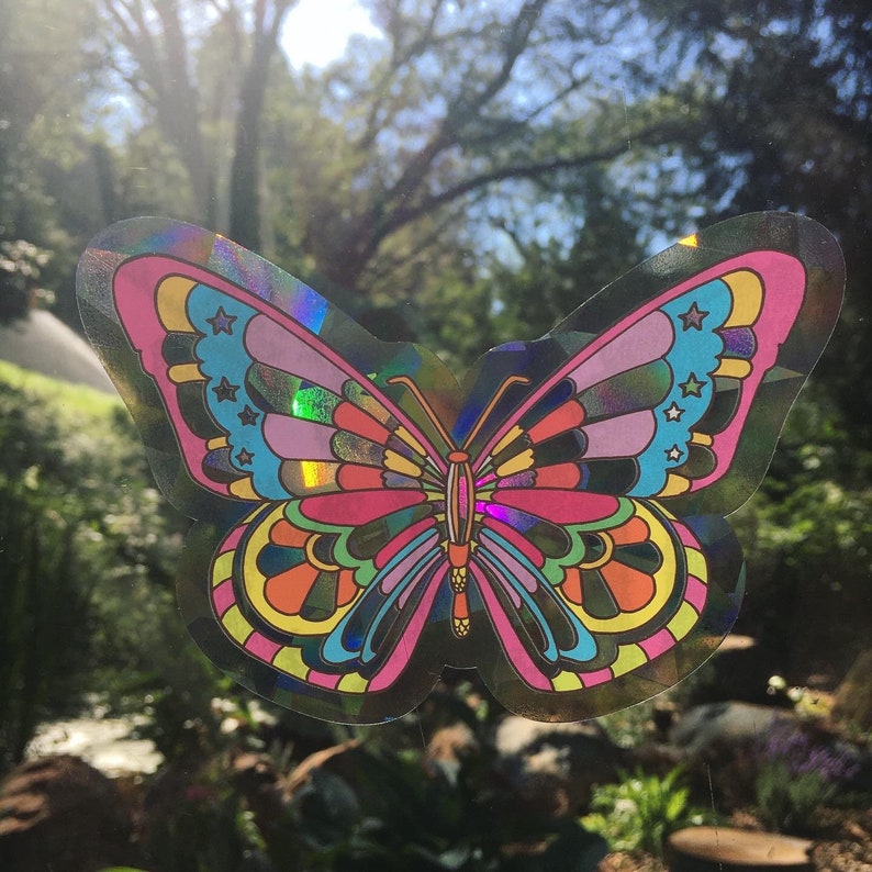 Butterfly sun catcher..Colorful window cling..60s inspired sun catcher..Rainbow maker sun catcher..Psychedelic butterfly cling.Retro Groovy image 8