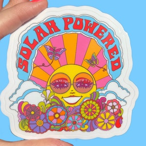 Solar Powered Sticker...Water Bottle...Sticker for Car... Psychedelic 60s 70s Dawn Aquarius for Astral Weekend... Happy Summer Sun