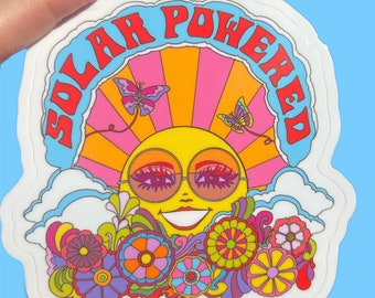 Solar Powered Sticker...Water Bottle...Sticker for Car... Psychedelic 60s 70s Dawn Aquarius for Astral Weekend... Happy Summer Sun