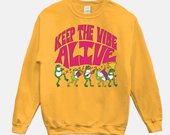 Keep The Vibe Alive Frog Parade Crew Neck Sweatshirt..Whimsical Frog Graphic..Fun Frogs..Musician..Musical..Jazz..New Orelans Frogs..Cute