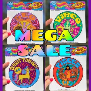 LARGE Zodiac Stickers...Super Closeout Sale..Water Resistant... 60s 70s..Peter Max..Grateful Dead...Psychedelic Stickers...Astrology Sticker
