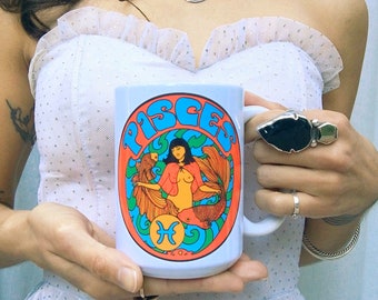 Pisces Coffee Mug... Eco-Friendly Packaging...Pisces Gift... Astrology Gift.... Birthday Gift....60s 70s Peter Max Grateful Dead