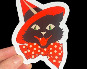Vintage Witch Cat Sticker...Sticker...Spooky Season... Halloween Cat...Vinyl... Laptop... Stickers...Decal...Water Bottle.. Goth