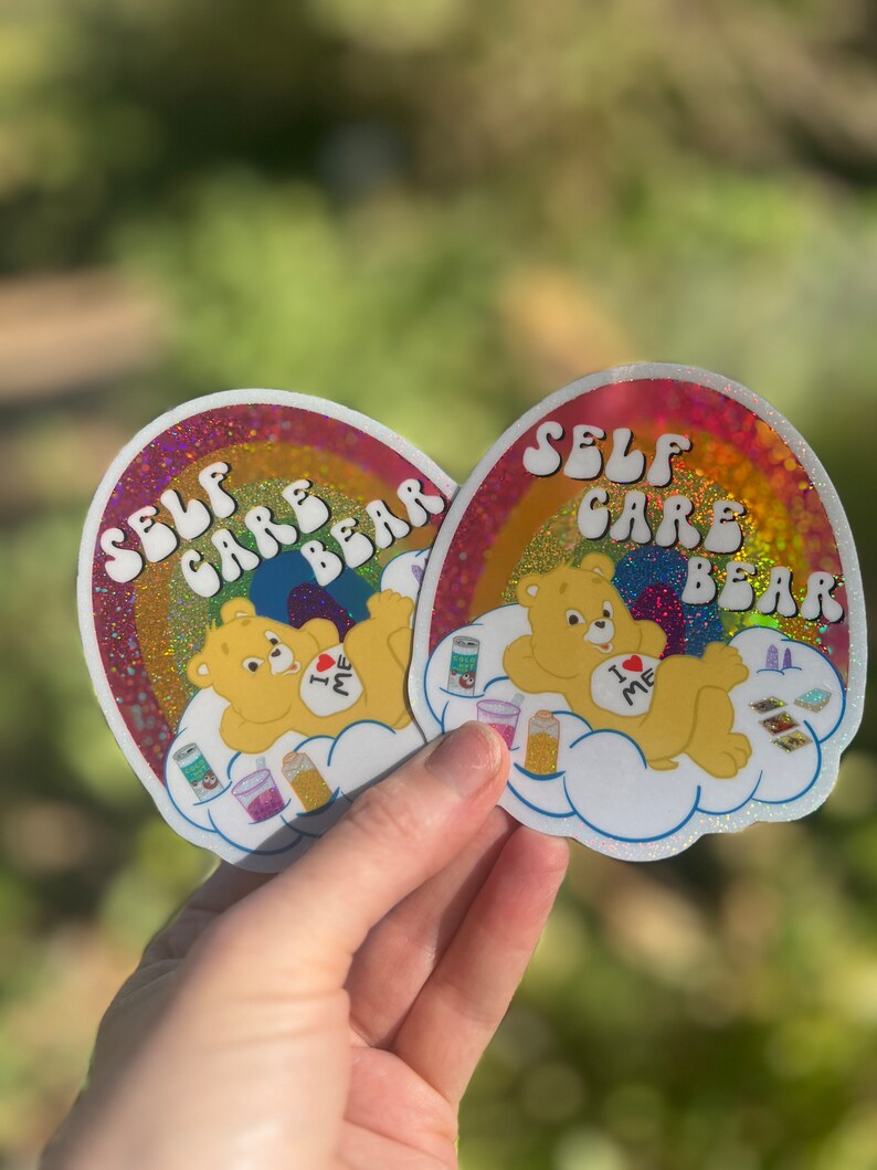 Self Care Bear Sparkle Sticker...Sticker... 80s...Vinyl Sticker... Cute... Self Love...Laptop...Decal...Water Bottle..Water Resistant TWO 3" Stickers