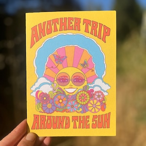 Carte d'anniversaire, un autre voyage autour du soleil... Carte de voeux... Aube Astral week-end Verseau... Soleil rétro des années 60 70... Carte d'anniversaire