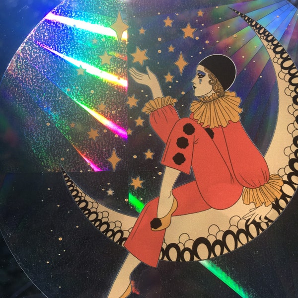 Pierrot on the Moon Sun Catcher..Clown..Moon..Window Cling..Sun Catcher..Moon and Clown Decorative Sticker..Peel and Sticker Suncatcher