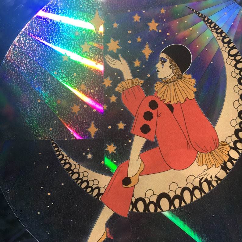 Pierrot on the Moon Sun Catcher..Clown..Moon..Window Cling..Sun Catcher..Moon and Clown Decorative Sticker..Peel and Sticker Suncatcher image 1