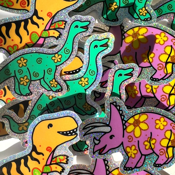 Dino Party... Dinosaur Stickers...TRex Brontosaurus Triceratops...Vinyl..Glitter...Sparkle.Laptop..Decal...Water Resistant