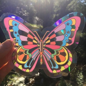 Butterfly sun catcher..Colorful window cling..60s inspired sun catcher..Rainbow maker sun catcher..Psychedelic butterfly cling.Retro Groovy