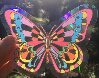 Butterfly sun catcher..Colorful window cling..60s inspired sun catcher..Rainbow maker sun catcher..Psychedelic butterfly cling.Retro Groovy