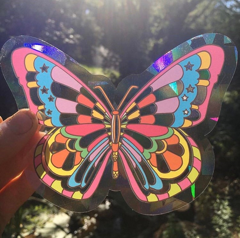 Butterfly sun catcher..Colorful window cling..60s inspired sun catcher..Rainbow maker sun catcher..Psychedelic butterfly cling.Retro Groovy image 1