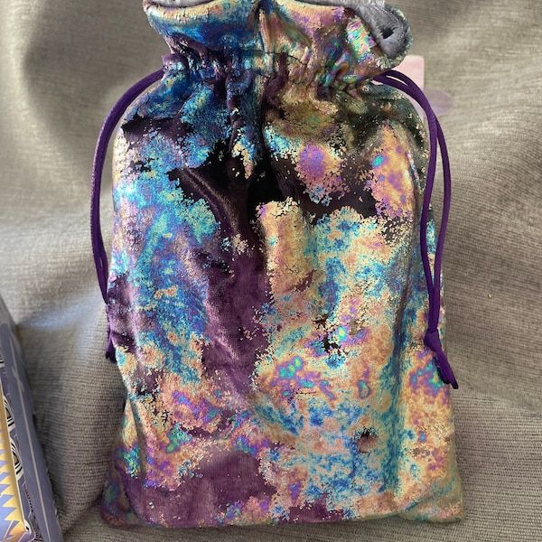 Velvet Tarot Bag Pouch for Tarot Cards or Oracle Cards. Metallic Rainbow. Drawstring Bag.