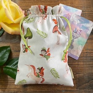 Enchanted Fairies and Unicorns Tarot Bag Oracle Pouch Drawstring Bag. Customise with Charms.