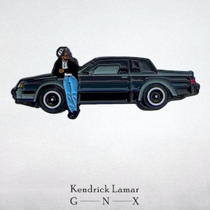May include: A black and white photo of a black Buick Regal GNX with a black and white photo of Kendrick Lamar sitting on the hood of the same car in the background. The text "Kendrick Lamar G-N-X" is printed below the car.