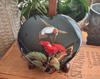 Otagiri Heart Shape Trinket Holder with Hummingbird eating from a Red Flower