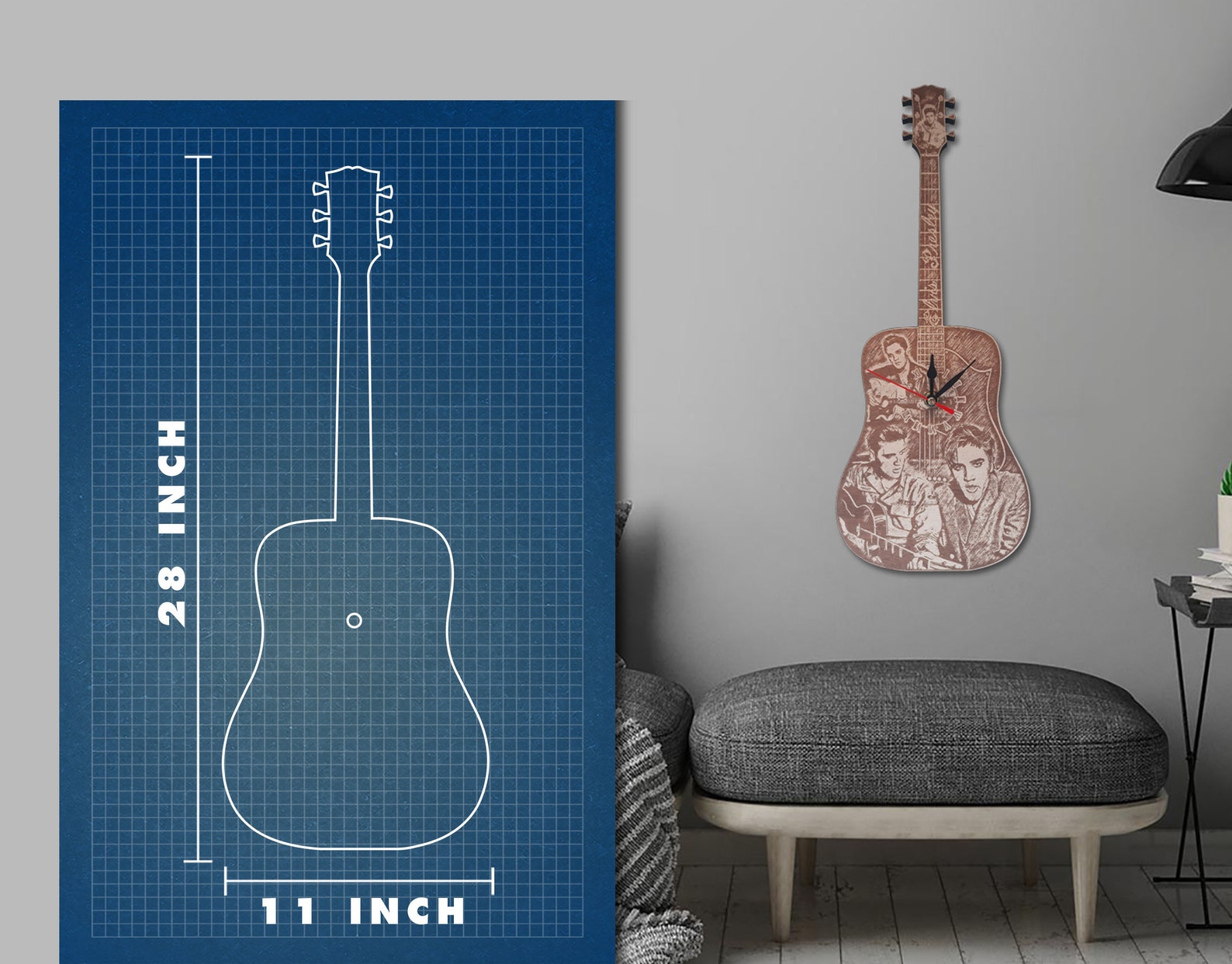 Elvis Presley Inspired Wooden Guitar Wall Clock Etsy