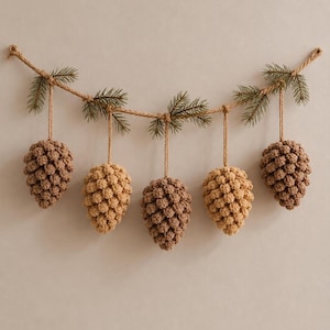 May include: A decorative garland featuring five crocheted pine cones in varying shades of brown and tan. The pine cones are suspended from a natural rope with faux evergreen sprigs, creating a rustic, seasonal aesthetic.