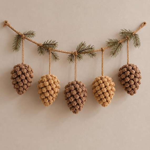 Crochet Pinecone Ornament Pattern, Rustic Christmas Garland PDF, Holiday Decor Tutorial