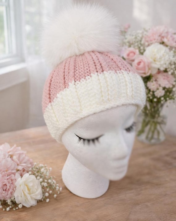Crochet Ribbed Beanie Pattern | Two-Color Pom Pom Winter Hat (PDF)