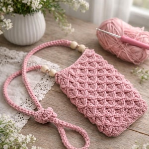 May include: A pink, handmade crochet phone case with a textured design and a long strap. The case has wooden beads and is shown with a ball of pink yarn and a crochet hook, indicating a craft project. The case is approximately 18 cm long.