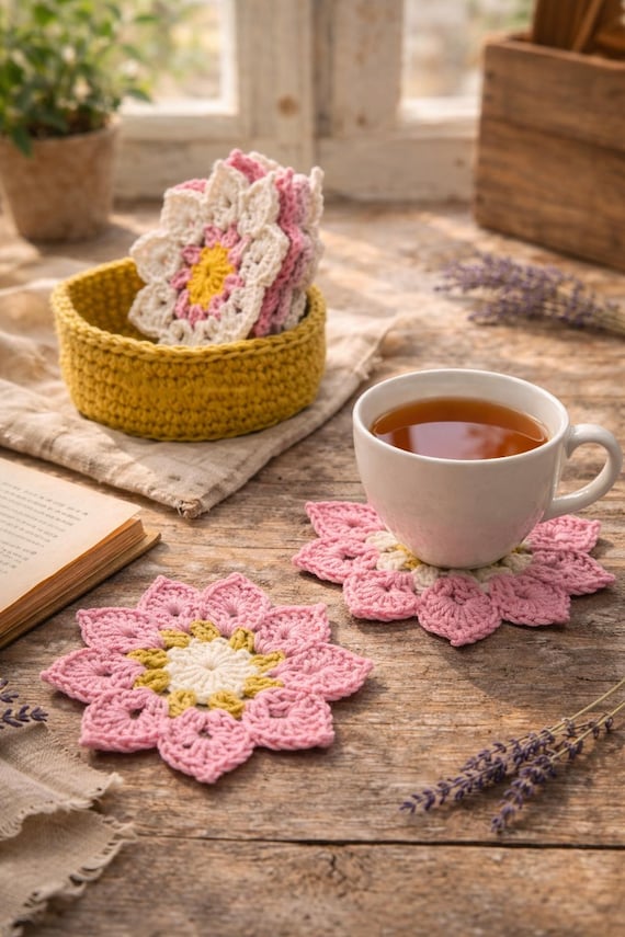 Crochet Flower Coaster Pattern, Beginner Friendly, with Basket (PDF Pattern)