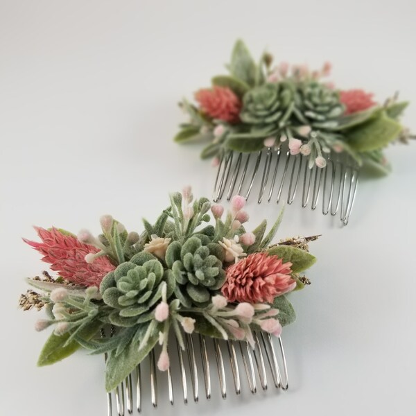 Set of two hair comb , succulent hair comb, Boho bridal hair, Bridal headpiece, Flower and leaves, Greenery  and pink hair comb