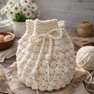 Könnte beinhalten: Cremefarbener, handgehäkelter Kordelzugbeutel mit einem strukturierten Noppenmuster. Die Tasche hat eine zusammengezogene Oberseite mit einer gewebten Kordel und Holzperlen. Eine Garnrolle und ein kleiner Strauß weißer Blumen sind im Hintergrund.